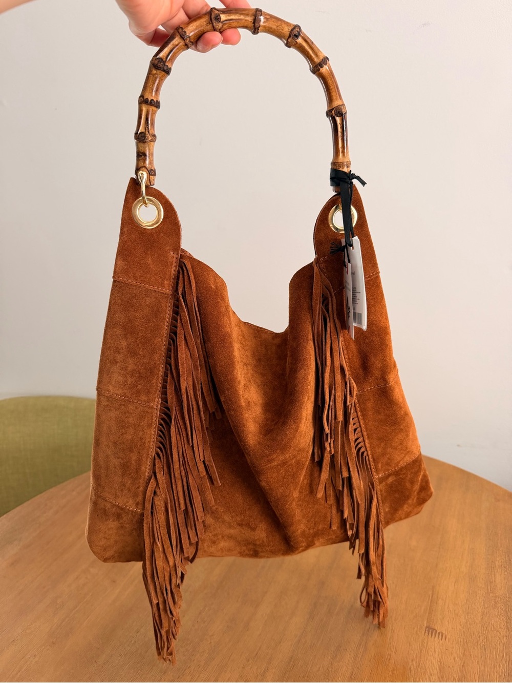 PENDING - MARLON Made In Italy Fringed Suede Hobo Bag with Bamboo Handle